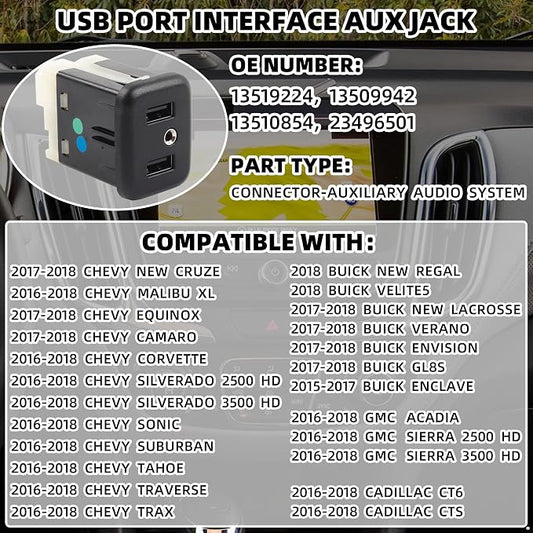 13519224 USB Port AUX Jack Auxiliary Input Adapter Compatible with Chevy Buick GMC Cadillac 2015-2018 Replaces# 13509942 13510854 23496501 CarPlay