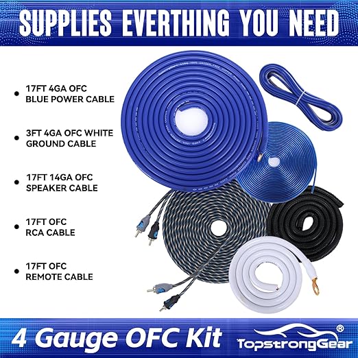 TOPSTRONGGEAR 4 Gauge OFC Amp Kit Car Audio Amplifier Wiring Install Kit with RCA Cables, 150A Fuse, 17FT Power Cable – 4 OFC Complete Subwoofer Installation Kit for Car, Truck, Marine Stereo Systems