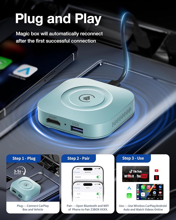 Magic Box 2026 Wireless CarPlay Adapter, AI Box Android Auto Supports Strea-ming Video for TikTok/YouTube, USB for Offline Media, Screen Mirroring Car Adapter for Factory Wired Car Play