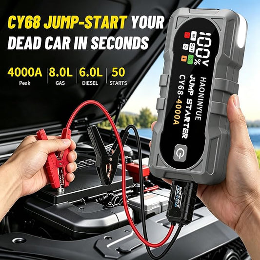 4000A Car Battery Jumper Starter, Battery Jumper Starter Portable (8.0LGas/6L Diesel), 16000mAh Charging Jump Box, Portable Car Jump Starter with Jumper Cables and 600LM LED Light