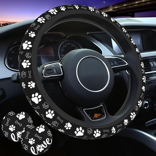 Paw Print Steering Wheel Cover Universal 15 Inch +2 Pieces Car Coasters | Anti-Slip Breathable Car for Men/Women Dog Paw Print Steering Wheel Cover Dogs Prints