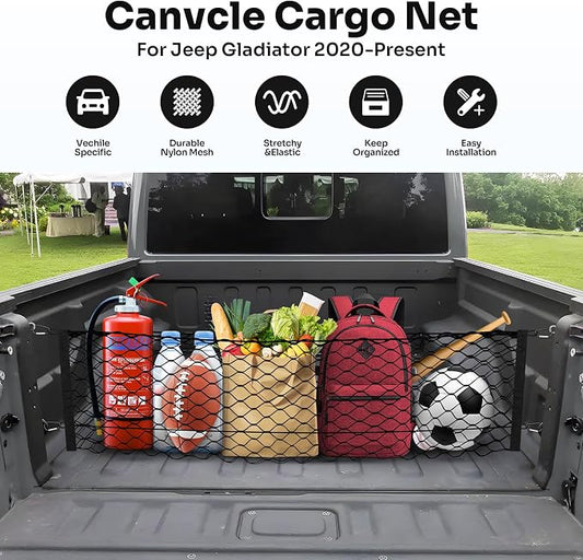 Canvcle Trunk Cargo Net for 2020-2026 Jeep Gladiator Accessories Envelope Style Mesh Trunk Net Organizer and Storage Stretchable Adjustable Elastic Nylon Rear Cargo Netting with Hooks