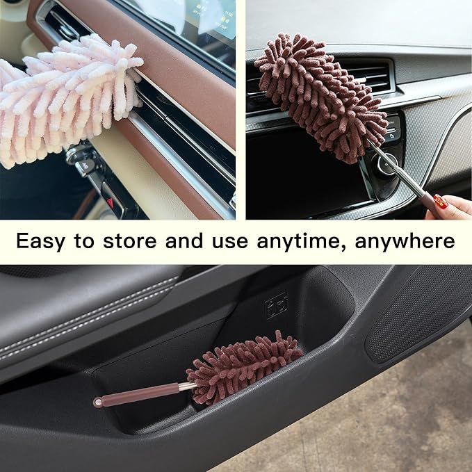 2PCS Car Interior Duster with Extension Pole, Microfiber Retractable Dusters Auto Dash Cleaning Tool, Soft Chenille Hand Washable Dusters for Vehicle Window Office Furniture (Brown)