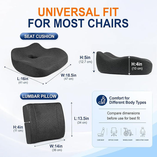 Allaboutsla Seat Cushion & Lumbar Support Pillow Set: Ergonomic Memory Foam Seat Cushion and Back Support for Pain Relief, Butt Cushions and Lumbar Pillow for Car, Office Chair, Gaming - Black