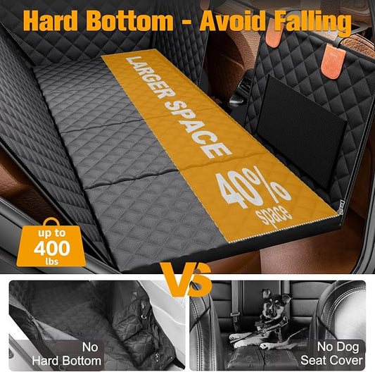 PETICON Back Seat Extender for Dogs, Hard Bottom Dog Car Seat Cover - Supports 400lbs, Rear Seat Pet Cover with Mesh Window, Waterproof Dog Hammock for Car SUV
