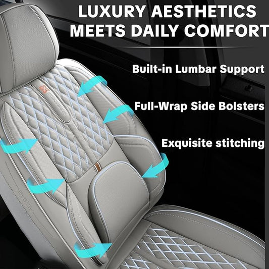 Light Gray Car Seat Covers, Universal Fit for Most Vehicles, Premium Waterproof Leather, Pet-Friendly Car Seat Covers with Lumbar Support, Slip-Resistant, Airbag-Compatible, Protects Car Interior
