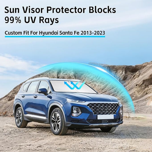Windshield Sun Shade for Hyundai Santa Fe 2013-2023 Sunshade 300T Windshield Cover Protector Blocks UV Rays Custom Fit Santa Fe Front Window Shades Windshield Accessories Keep Cool Foldable