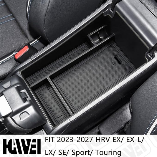 HGWEI Center Console Organizer Tray Compatible with Honda HRV 2023 2024 2025 2026 2027 Accessories, Armrest Storage Box for HRV EX/EX-L/LX/SE/Sport/Touring,Black Trim