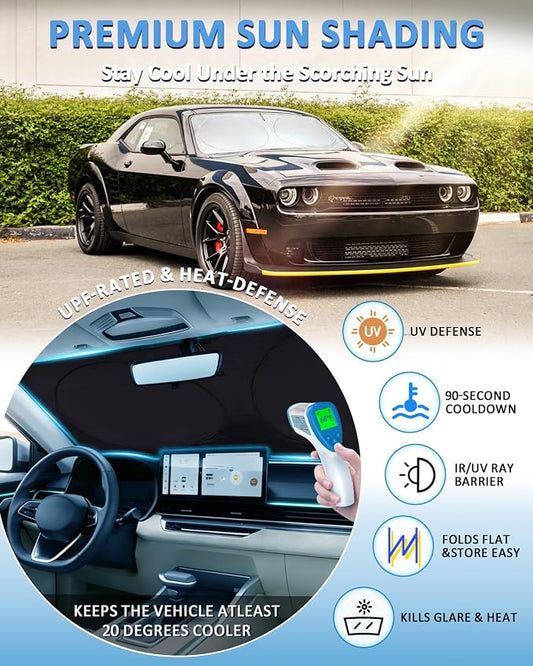 Sun Shade for Challenger Windshield Sunshade for 2015-2023 Dodge Challenger Accessories Coupe,SRT Hellcat,Redeye,GT,RT,TA Coupe,Widebody,SXT,RT Scat Pack Front Window Cover Shield Visor Protector