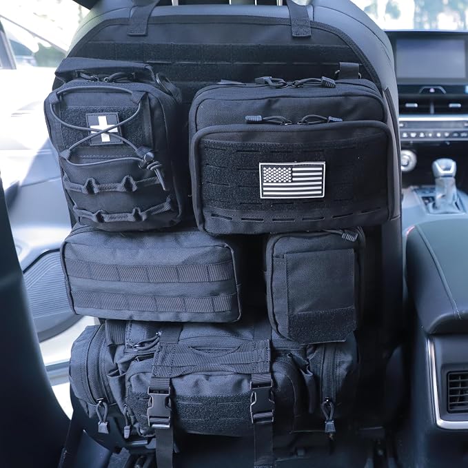 Universal Tactical Car Seat Back Organizer Bag Tactical Molle Vehicle Organizers Panel Vehicle Protector Organizers with 5 Detachable Pouches for Car Truck Ford Jeep (Upgraded C model Black)
