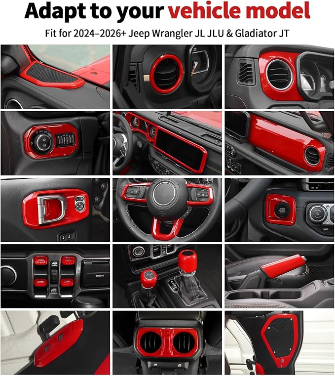 JWWY Interior Trim Kit Dress-Up Kit Decor Set Center Console Gear Shift Dashboard Panel,Door Window Switch Knob Speaker Cover Trim for 2024β2026 Jeep Wrangler JL JLU & Gladiator JT Red 28pcs