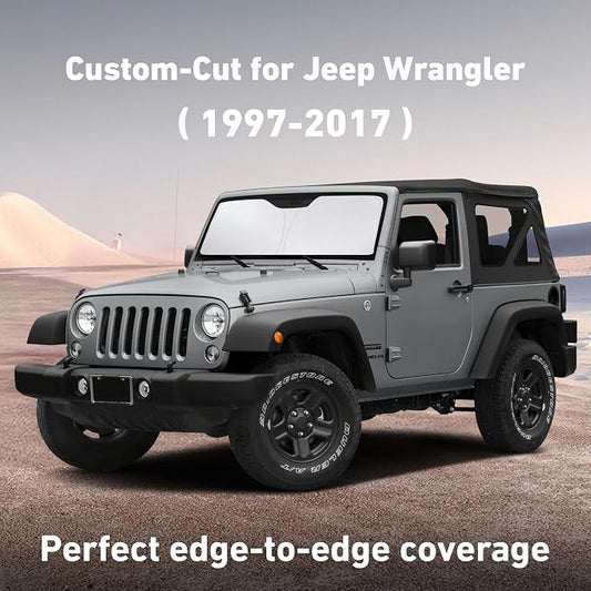 EcoNour Windshield Sunshade Compatible for Jeep Wrangler Rubicon Sahara TJ JK JKU2 4DOOR 1997-2015 2016 2017, Sun Visor for Front Windshield & Window Sun Shade Cover, UV Heat Blocker, Car Accessories