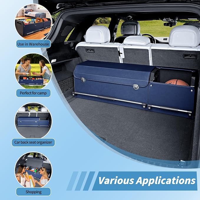 Car Trunk Organizer, Leather Trunk Organizer for SUV with Lid and Sturdy Handle Collapsible Adjustable Storage (Blue, 41 x 11.4 x 12.2in)