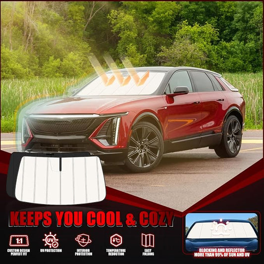 Windshield Sun Shade for Cadillac Lyriq Electric 2023-2026, Front Window Visor Accessories, Folding Design Blocks Heat & UV Rays Maintain Cool Interior and Save Space