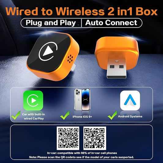 2026 Wireless CarPlay Adapter for iPhone,2 in 1 for Apple Carplay and Android Auto Adapter,Mini carplay Wireless Adapter Convert Wired to Wireless, Plug & Play, USB to USB-C/Type-C (Orange)