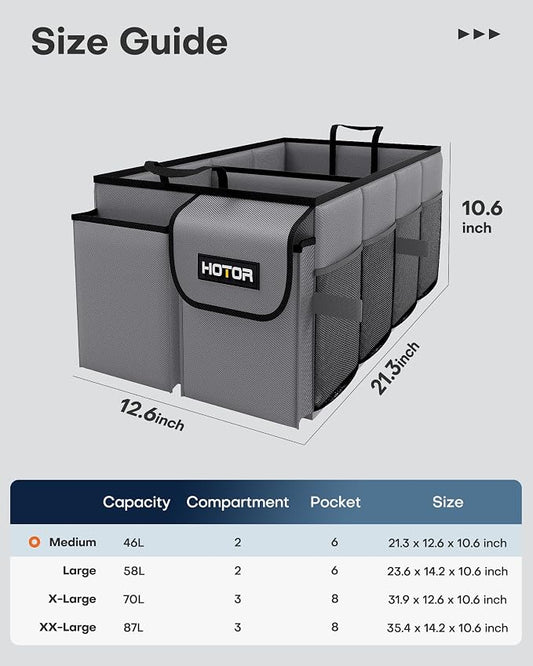 HOTOR Trunk Organizer for Car - Car Organizer, Foldable Trunk organizer for SUVs & Sedans, Sturdy Organization for Car Accessories, Tools, Sundries, Grey, 2 Compartments, 21.3"×12.6"×10.6"