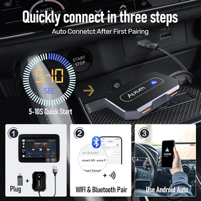 Alxum Wireless AA Adapter - Convert Wired to Wireless for Android Auto, Dual Connection Design, Online Upgrade Only, Supports AA 12+