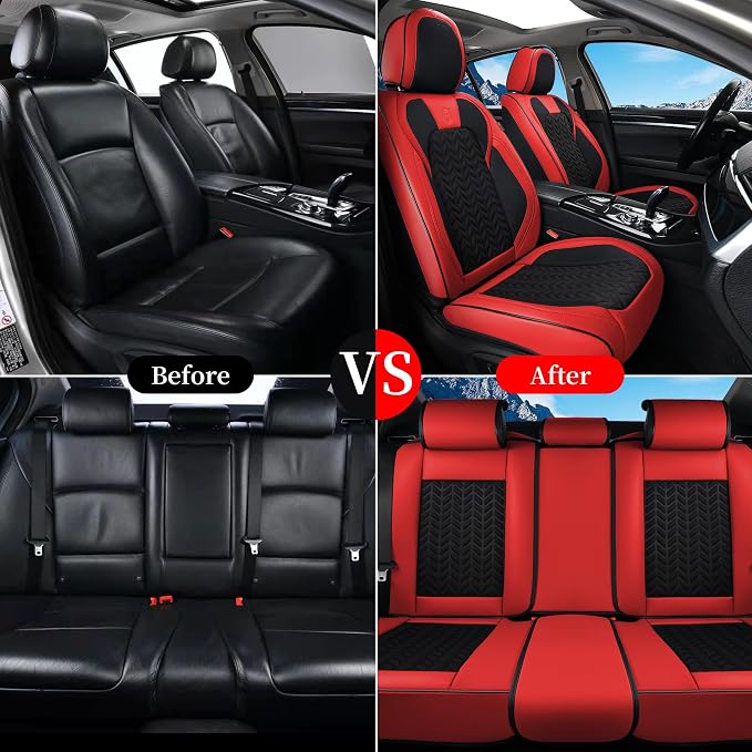 Coverado Seat Covers Full Set, 5 Seats Car Seat Cover Winter, Front and Back Seat Covers for Cars, Breathable Faux Leather Car Seat Cushion, Car Seat Protector Universal Fit for Most Cars Vans, Red