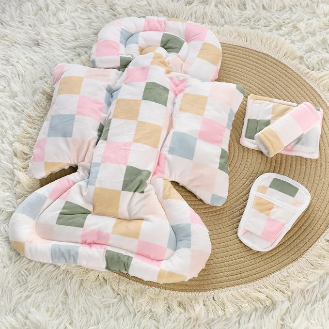 DILIMI Infant Car Seat Insert, Baby Car Seat Head Support with 3 Strap Paddings, Soft Newborn Car Seat Cushion for Stroller, Swing, Bouncers, Colorful Checkered