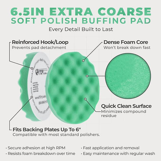 TCP Global 6.5" Green Waffle Foam Buffing Pad Hook and Loop Backing - Soft Pad for Polishing, Automotive, Marine, Truck, RV & Compound Cutting, Car Polishing Pads