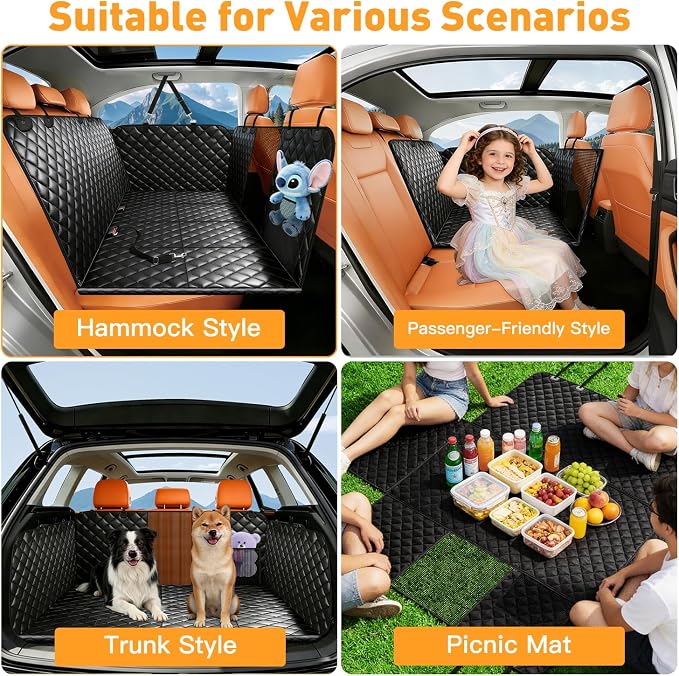HOB4U Dog Car Seat Cover for Back Seat, Hard Bottom Back Seat Extender for Dogs, Dog Hammock for Car SUV and Trucks - Waterproof, Anti Scratch,Easy to Clean, Supports 400lbs