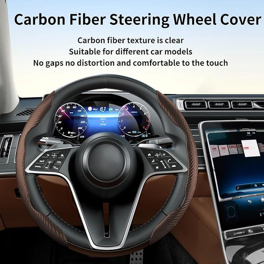 Carbon Fiber Steering Wheel Cover, 2-Piece Set Anti-Skid Comfortable Grip Segmented Butterfly Design, Easy Snap-On Installation Universal Fit 99% Cars, Brown