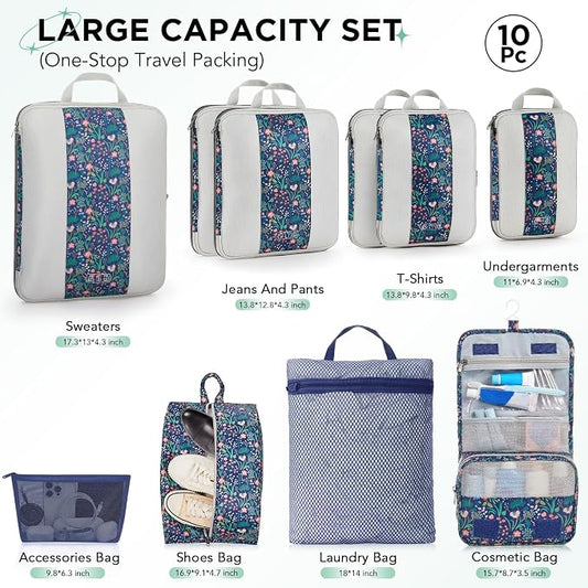 OlarHike 10-Pack Compression Packing Cubes for Travel Essentials,Compressible Expandable Storage Bags for Suitcase,Luggage Garment Bags for Travel,Handy Helper for Organizing Clothes(Dark Blue Floral)