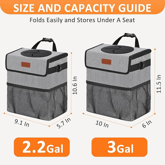 Vankor 3 Gallons Car Trash Can with Lid, Car Trash Bag Bin Hanging Waterproof Automotive Garbage Cans Leak Proof Vehicle Can Grey