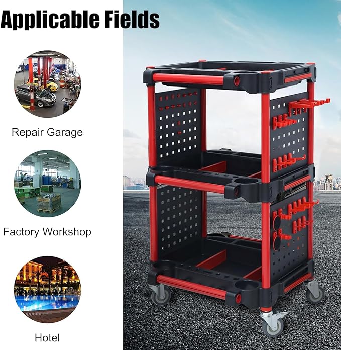 Car Detailing Cart – Auto Detailing Tool Cart with 4 Tool Hanging Board,360° Lockable Universal Wheels, 3 Tier Car Wash Detail Cart for Professional Detailing (4 Tool Hanging Board)