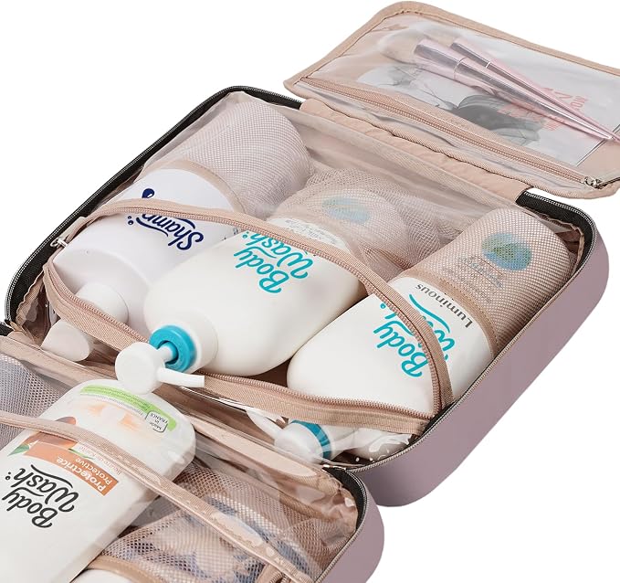 NISHEL Travel Toiletry Bag for women, Portable Hanging Organizer for Family-Sized Shampoo, Conditioner, Brushes Set, Makeup Accessories, Extra Large Size, Peach Pink
