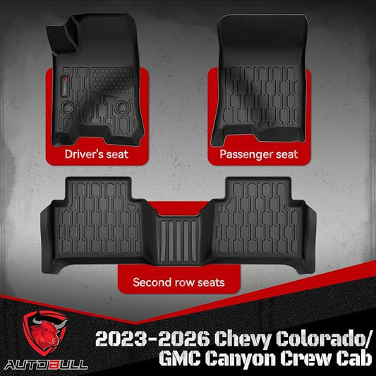 Floor Mats Compatible with 2023 2024 2025 2026 Chevy Colorado/GMC Canyon Crew Cab, All Weather TPE Floor Liners, Custom Fit Car mats, 1st & 2nd Row, Black