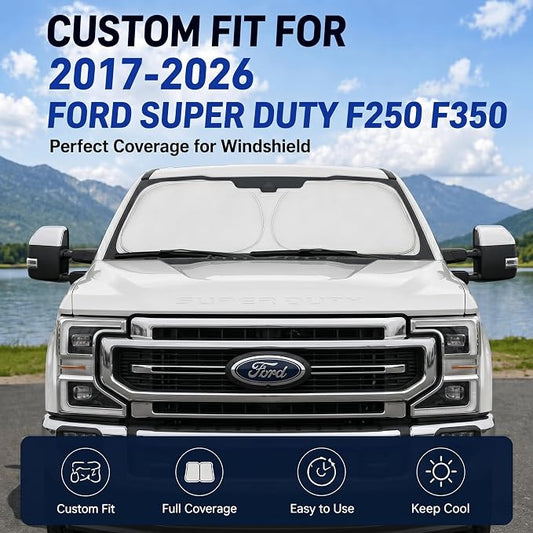 Windshield Sun Shade for Ford Super Duty F250 F350 F450 F550 2017-2026 | Custom Fit Windshield Cover, Blocks UV Rays, Double-Layer Heat Shield, Durable Frame, Easy Fold & Storage