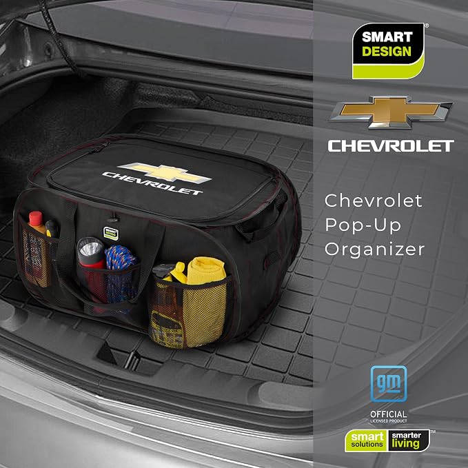 Smart Design Pop Up Chevy Trunk Organizer with Easy Carry Handles, Side Pockets, and Zipper Top - Collapsible Design - Holds 50 lbs. - Durable Fabric - 23 Inch - Home Organization - Chevrolet