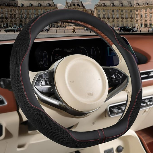 Nappa Leather Steering Wheel Cover, Advanced Microfiber Leather Non-Slip Breathable Fabric, Warm in Winter and Cool in Summer, Black, D Shape, 15 inch