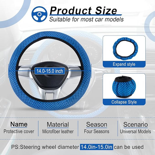 Alpmosn Elastic Stretch Steering Wheel Cover, Universal Interior Accessories Steering Wheel Cover for Women & Men, Breathable Microfiber Ice Silk, Anti-Slip, Odorless, Easy Carry(Blue)