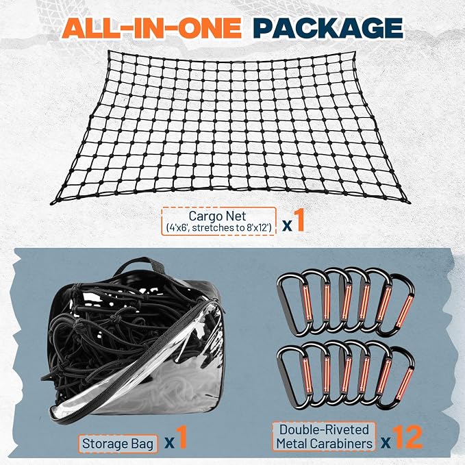 4' x 6' Cargo Net (Stretches to 8'x12') with 12 Metal Carabiners | 4" x 4" Mesh, Bungee Truck Bed Net, Large Items Organizer Accessory for Pickup Trucks, RVs, and Cargo Storage
