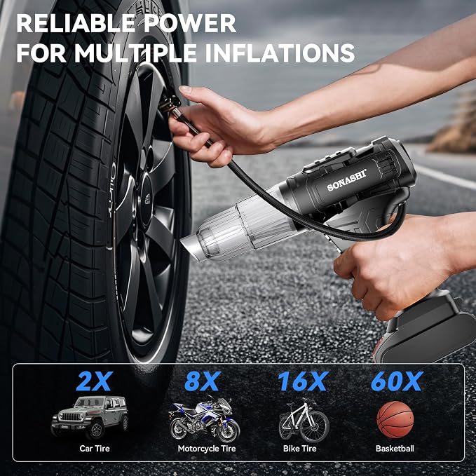 Sonashi 2-in-1 Car Vacuum Cleaner & Tire Inflator - High Power Portable Vacuum with Digital Tire Pressure Gauge, LED Light, Multifunctional Nozzle for Car Interior Cleaning & Emergency Tire Inflation