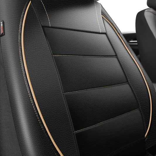 CAR PASS Universal FIT Piping Leather Two Front Seat Covers, Waterproof Faux Leather for SUV Sedan Van Truck, Airbag Compatible,Reserved Opening Holes for Headrest Covers. (Black and Beige)