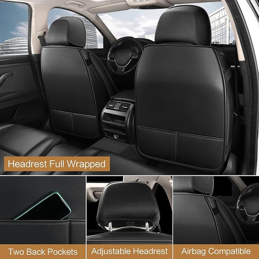 HAIYAOTIMES Leather Car Seat Covers Full Set, Waterproof Faux Leather Seat Covers for Cars, Non-Slip Car Interior Covers Universal Fit for Most Cars Sedans Trucks SUVs, Black