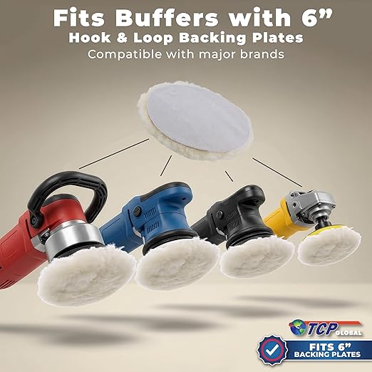 TCP Global Premium 6 Inch Wool Buffing Pads (2 Pack) - 100% Natural Wool Buffer Pads, Polishing Pad for Car Detailing - 1 Inch Thick Pile, Hook and Loop Buffing Pad for Orbital Buffer