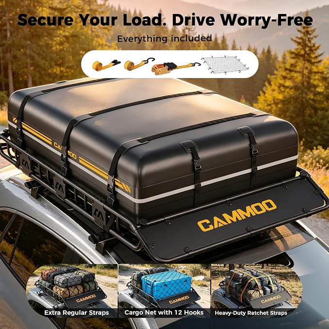 CAMMOO 64"x39" Roof Rack Basket, Removable Fairing & Support Bars for Kayaks/Long Gear, 20 Cu.Ft Waterproof Soft Bag+Lock+Net+Strap–200Lbs Capacity Car Roof Cargo Carrier for SUV Truck Camping