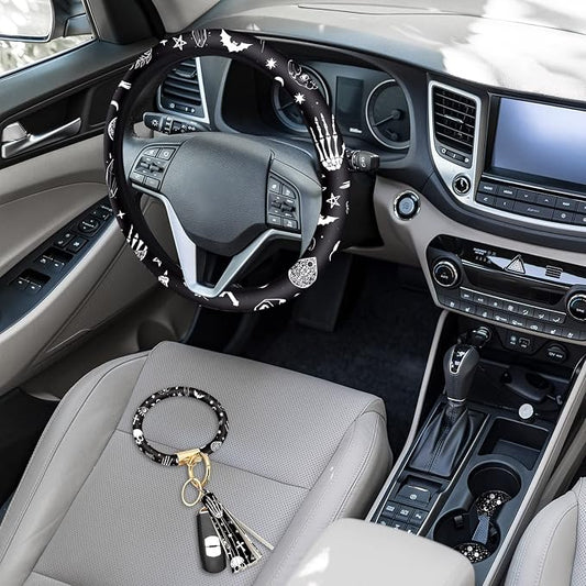 4 Pieces Black Moons White Stars Print Car Accessories Set Black Moons White Stars Steering Wheel Cover with 2 Pieces Car Cup Holder and Leather Keyring for Truck SUV(Horror Pattern)