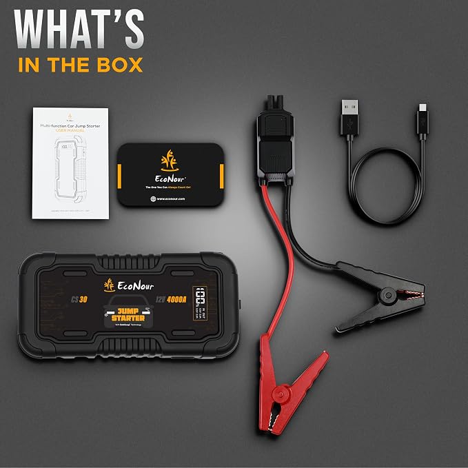Econour 4000A Car Jump Starter – 12V Battery Booster Pack for Up to 10L Gas & 10L Diesel Engines, 25000mAh Portable Power Bank with 65W Fast Charging, LED Display, Jumper Cables & Emergency Flashlight
