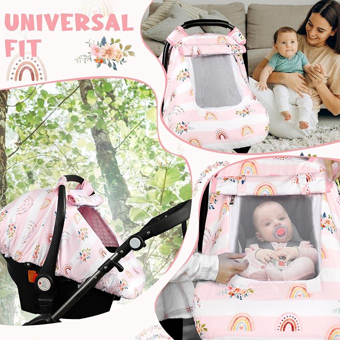 Pea Pod Car Seat Cover Baby, Infant Car Seat Canopy Covers for Newborn with 2 Layers Windows of Breathable Mesh Fabric, Lightweight Polyester/Soft Minky Dot Backing (Floral & Rainbow)