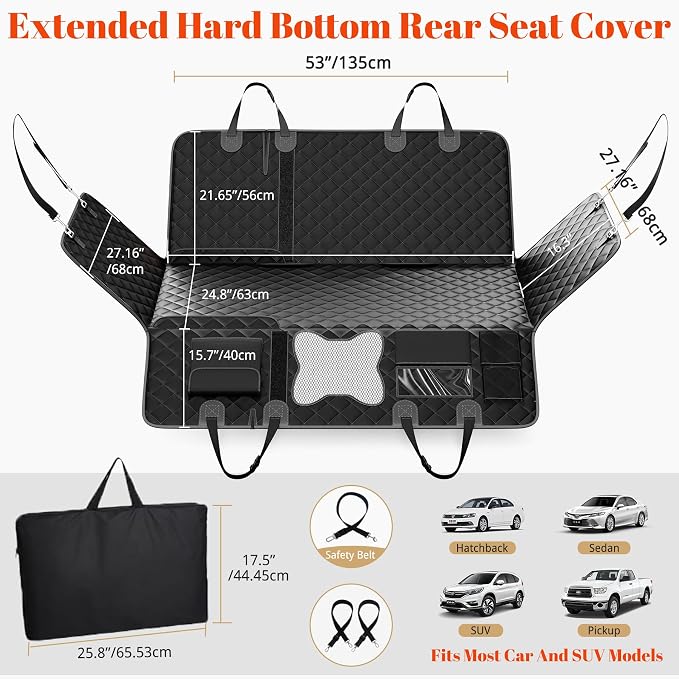 Dog Car Seat Cover for Back Seat - Convertible 2-in-1 Design Folds to Seat for 1 Adult or a Child Car Seat, Hard Bottom Waterproof Pet Hammock with 400lb Capacity for SUV, Truck, Car,Black