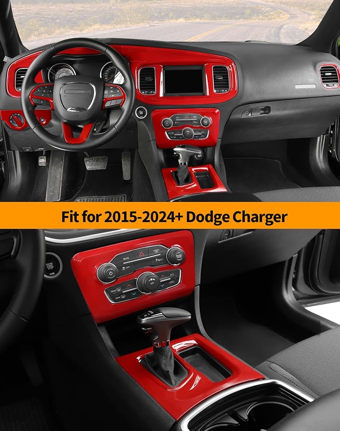 Hoolcar for Charger Red Interior Accessories Trim Kit fit for 2015-2024+ Dodge Charger Center Console Gear Shift Dash Dashboard Decor Cover Trim, 12pcs