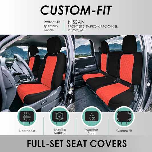 FH Group Custom Fit Car Seat Covers Specifically Made for 2022-2026 Nissan Frontier, Full Set Red Ultraflex Neoprene Waterproof Automotive Seat Covers for Pickup Truck, Nissan Accessories