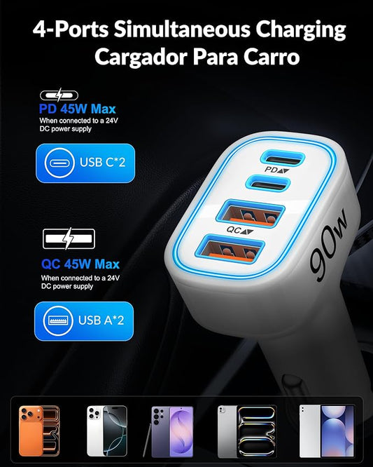 iPhone 17 16 15 Car Charger, 90W 4-Port Fast USB C Car Charger Cigarette Lighter Adapter with 3FT Type C to C Cable for iPhone 17/17 Pro/17 Pro Max/17e/Air/16/16 Pro/16e/15 Pro Max/Plus, iPad, Android