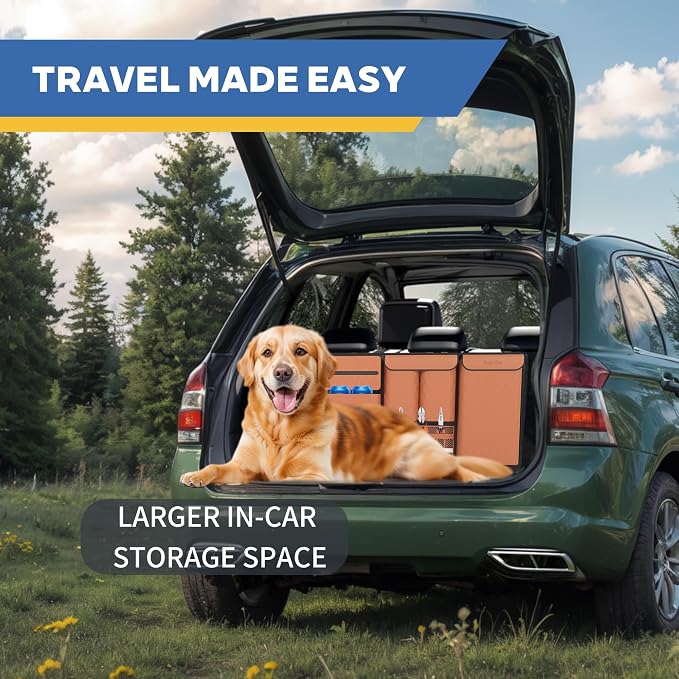 Backseat Hanging Organizer with Large Storage Bags | PU Leather, Large Capacity | Adjustable Straps, Waterproof & Collapsible | Universal Fit for SUVs, Sedans & Trucks | Brown, 37.8" x 18.1" - P810