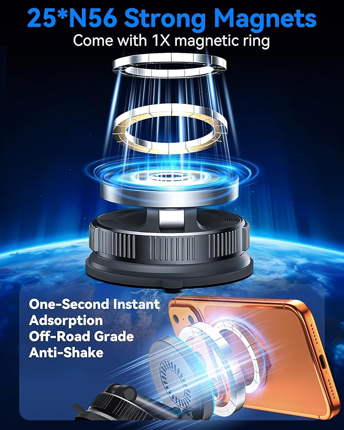 15W MagSafe Car Mount Charger, Magnetic Wireless Car Charger with Vacuum Suction Cup & Nano Adhesive Base, 360° Rotatable Strong Hold Car Phone Mount for iPhone 17 16 15 14 13 12 Series, Samsung S26